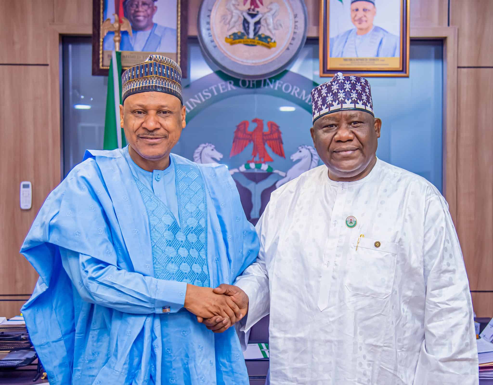 (R–L) The Honourable Minister of Information and National Orientation, Mohammed Idris, fnipr, and the Director-General of the Bureau of Public Service Reforms (BPSR), Dr. Dasuki Ibrahim Arabi, during a courtesy visit by the Director-General to the Honourable Minister on February 25, 2026, in Abuja. Photo: Khalid Ahmed